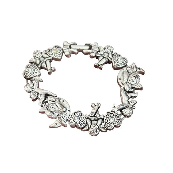 Vintage Angel Cherub Heart Themed Bracelet Slide Charms Rhinestones Estate 6.75" - Picture 1 of 4